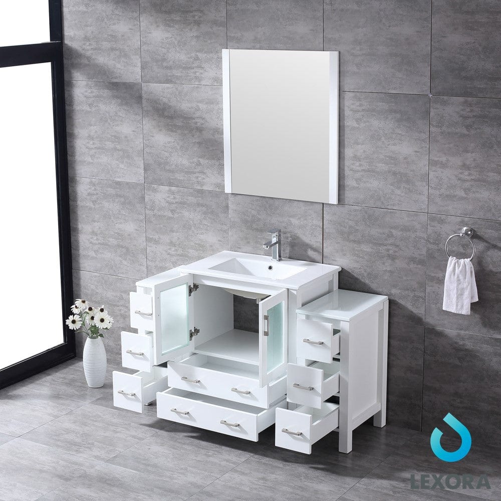 Lexora Volez 54" White Single Vanity Set | 2 Side Cabinets | Integrated Top | White Integrated Square Sink | 28" Mirror