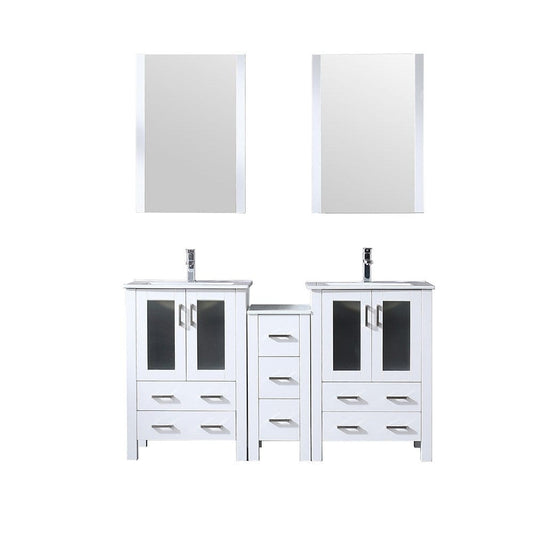 Lexora Volez 60" White Double Vanity Set | Side Cabinet | Integrated Top | White Integrated Square Sink | 22" Mirrors