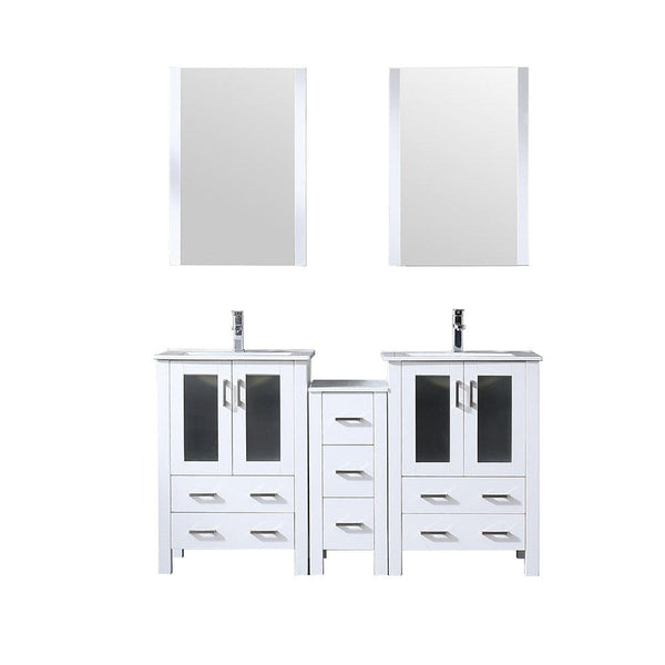Lexora Volez 60 White Double Vanity Set | Side Cabinet | Integrated Top | White Integrated Square Sink | 22 Mirrors