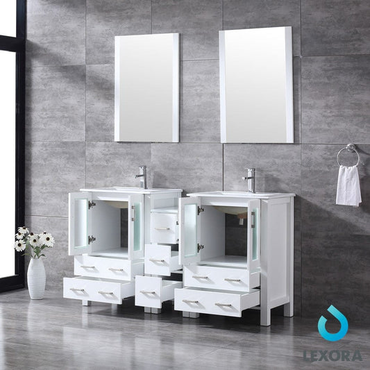 Lexora Volez 60" White Double Vanity Set | Side Cabinet | Integrated Top | White Integrated Square Sink | 22" Mirrors