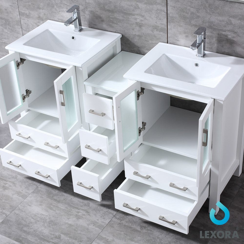 Lexora Volez 60" White Double Vanity Set | Side Cabinet | Integrated Top | White Integrated Square Sink | 22" Mirrors