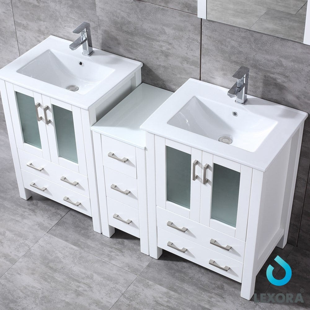 Lexora Volez 60" White Double Vanity Set | Side Cabinet | Integrated Top | White Integrated Square Sink | 22" Mirrors