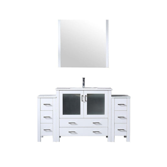 Lexora Vanities Lexora Volez 60" White Single Vanity Set | 2 Side Cabinets | Integrated Top | White Integrated Square Sink | 34" Mirror