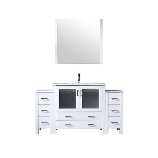 Lexora Volez 60" White Single Vanity Set | 2 Side Cabinets | Integrated Top | White Integrated Square Sink | 34" Mirror