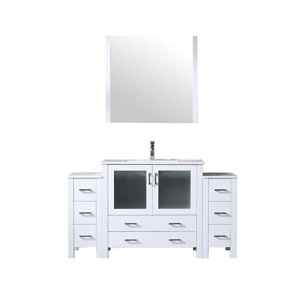 Lexora Volez 60 White Single Vanity Set | 2 Side Cabinets | Integrated Top | White Integrated Square Sink | 34 Mirror