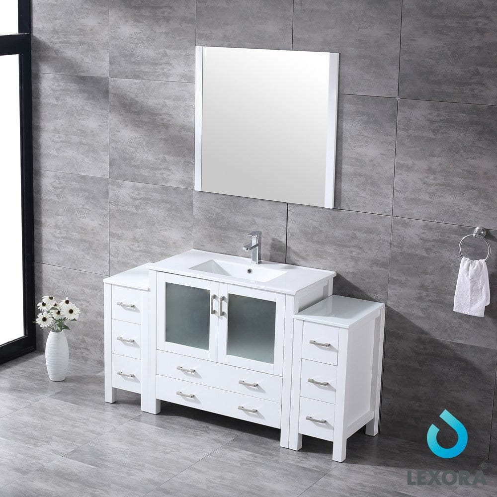 Lexora Volez 60" White Single Vanity Set | 2 Side Cabinets | Integrated Top | White Integrated Square Sink | 34" Mirror