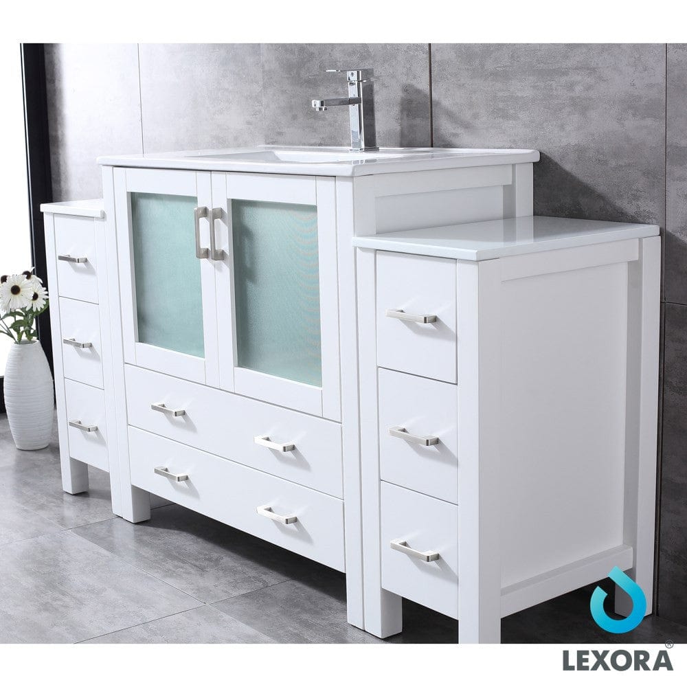 Lexora Volez 60" White Single Vanity Set | 2 Side Cabinets | Integrated Top | White Integrated Square Sink | 34" Mirror