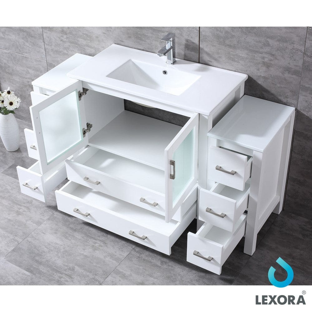 Lexora Volez 60" White Single Vanity Set | 2 Side Cabinets | Integrated Top | White Integrated Square Sink | 34" Mirror