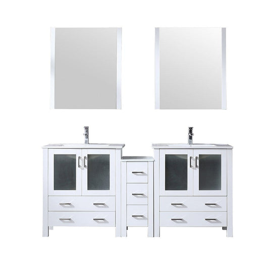 Lexora Vanities Lexora Volez 72" White Double Vanity Set | Side Cabinet | Integrated Top | White Integrated Square Sink | 28" Mirrors