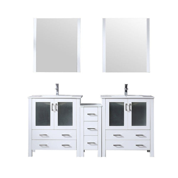 Lexora Volez 72 White Double Vanity Set | Side Cabinet | Integrated Top | White Integrated Square Sink | 28 Mirrors