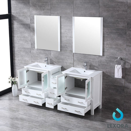 Lexora Volez 72" White Double Vanity Set | Side Cabinet | Integrated Top | White Integrated Square Sink | 28" Mirrors