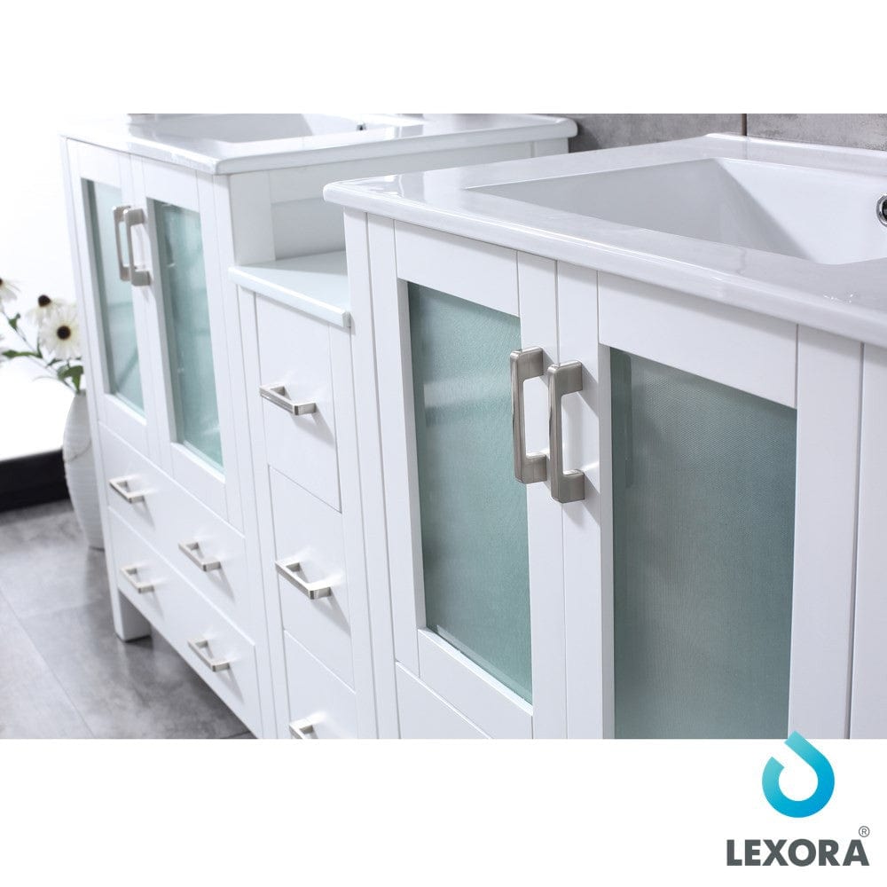 Lexora Volez 72" White Double Vanity Set | Side Cabinet | Integrated Top | White Integrated Square Sink | 28" Mirrors