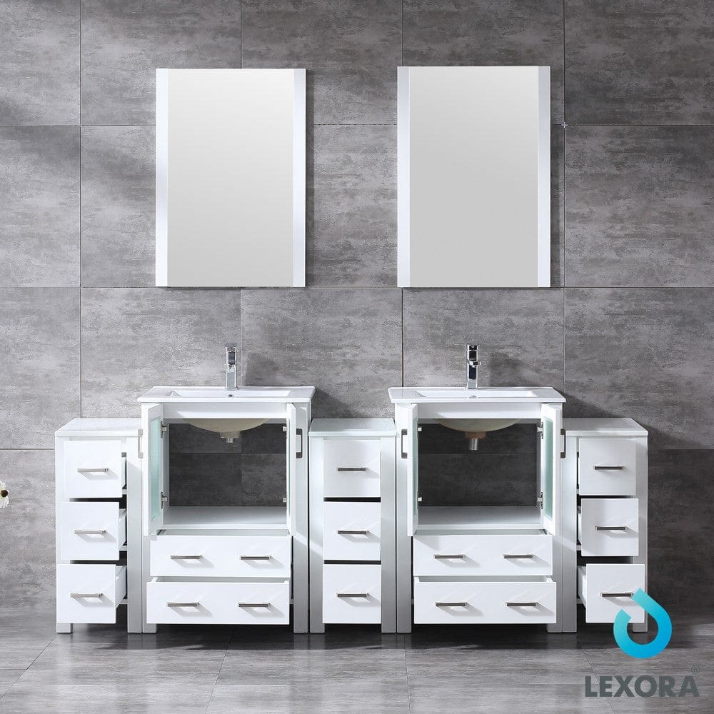 Lexora Volez 84" White Double Vanity Set | 3 Side Cabinets | Integrated Top | White Integrated Square Sink | 22" Mirrors