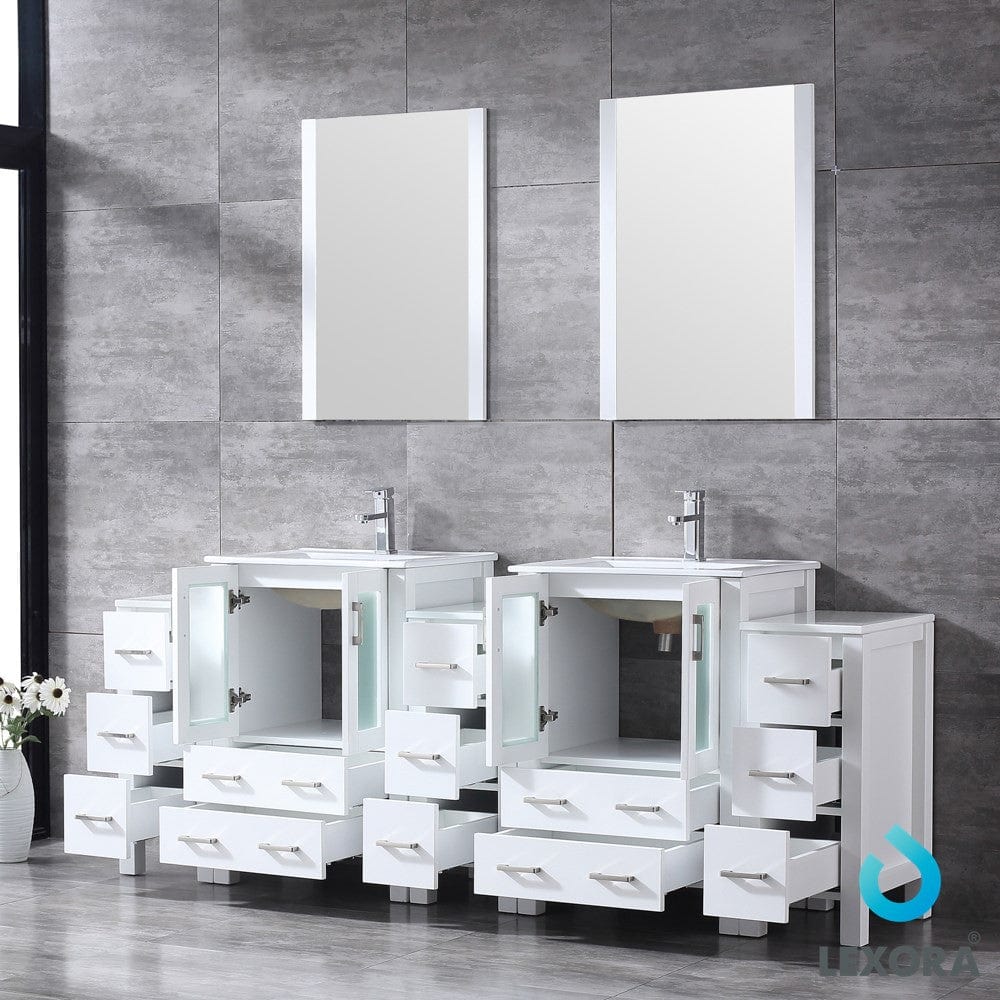 Lexora Volez 84" White Double Vanity Set | 3 Side Cabinets | Integrated Top | White Integrated Square Sink | 22" Mirrors