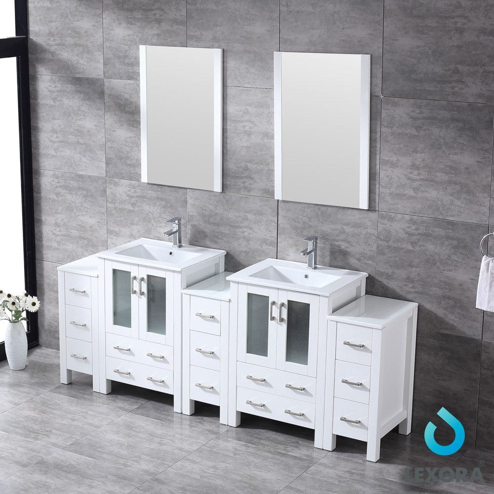 Lexora Volez 84" White Double Vanity Set | 3 Side Cabinets | Integrated Top | White Integrated Square Sink | 22" Mirrors