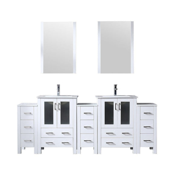 Lexora Volez 84 White Double Vanity Set | 3 Side Cabinets | Integrated Top | White Integrated Square Sink | 22 Mirrors