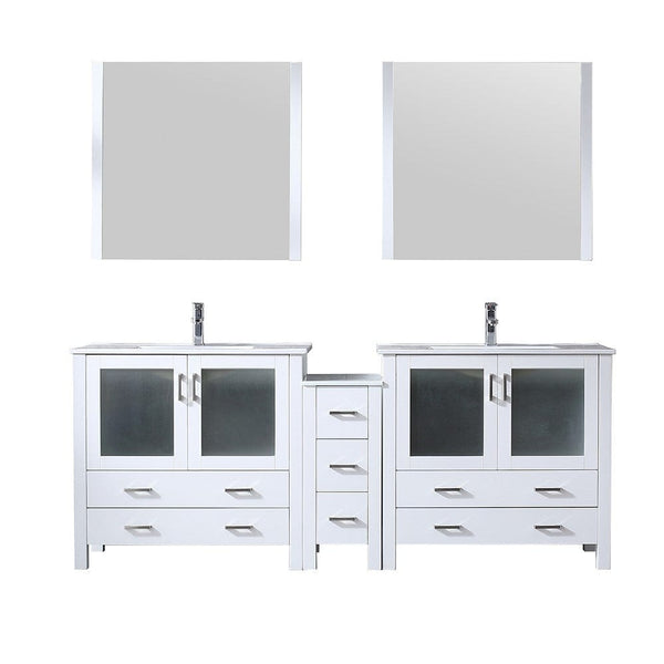 Lexora Volez 84 White Double Vanity Set | Side Cabinet | Integrated Top | White Integrated Square Sink | 34 Mirrors