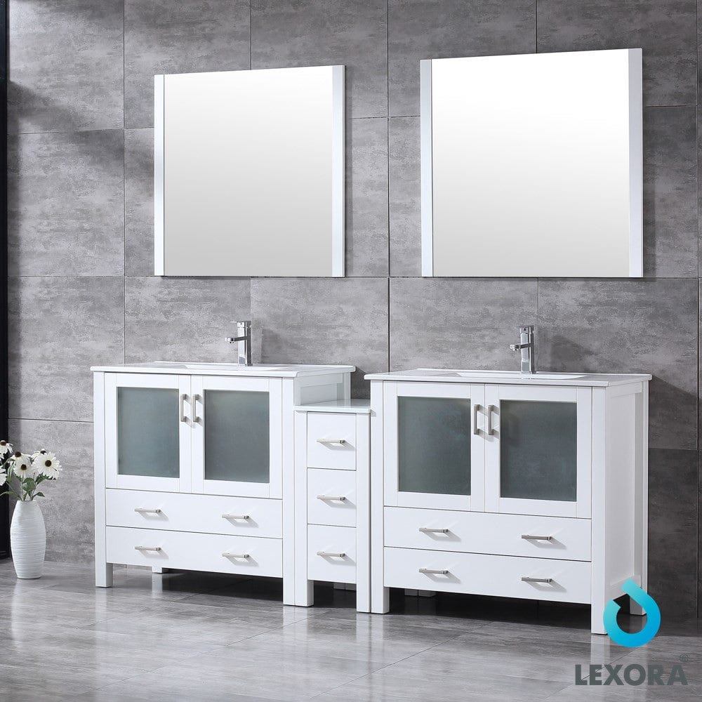 Lexora Volez 84" White Double Vanity Set | Side Cabinet | Integrated Top | White Integrated Square Sink | 34" Mirrors