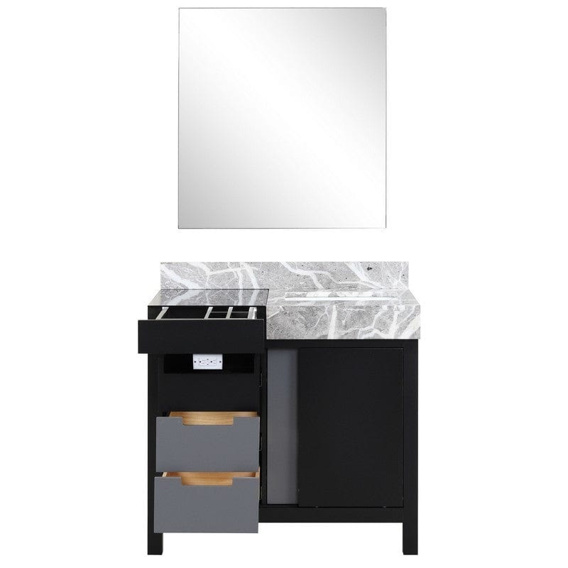 Zilara 36" Black and Grey Vanity, Castle Grey Marble Top, 30" Frameless Mirror | LZ342236SLISM30