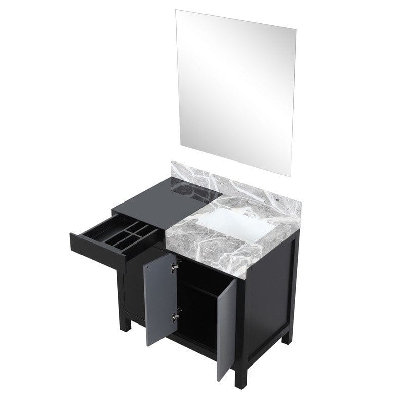 Zilara 36" Black and Grey Vanity, Castle Grey Marble Top, 30" Frameless Mirror | LZ342236SLISM30