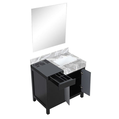 Zilara 36" Black and Grey Vanity, Castle Grey Marble Top, 30" Frameless Mirror | LZ342236SLISM30