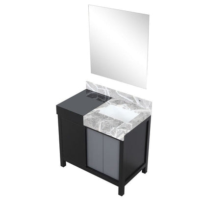 Zilara 36" Black and Grey Vanity, Castle Grey Marble Top, 30" Frameless Mirror | LZ342236SLISM30