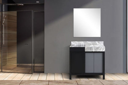 Zilara 36" Black and Grey Vanity, Castle Grey Marble Top, 30" Frameless Mirror | LZ342236SLISM30