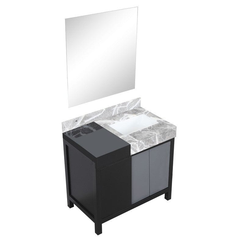 Zilara 36" Black and Grey Vanity, Castle Grey Marble Top, 30" Frameless Mirror | LZ342236SLISM30