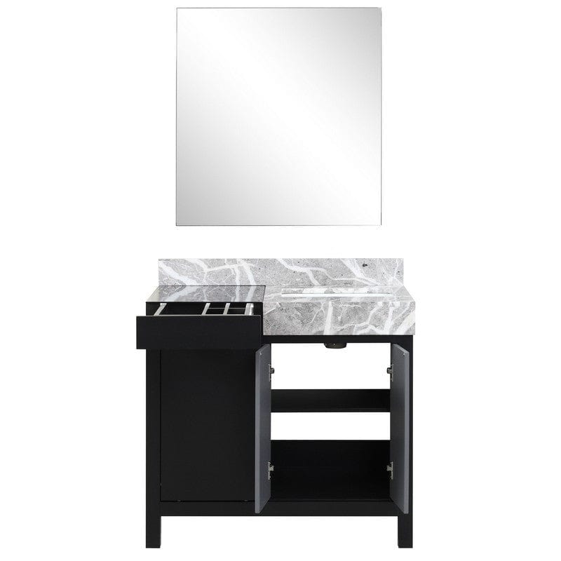 Zilara 36" Black and Grey Vanity, Castle Grey Marble Top, 30" Frameless Mirror | LZ342236SLISM30