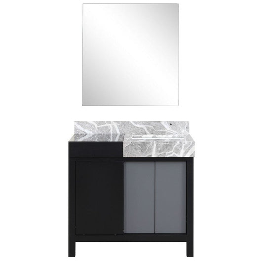 Zilara 36" Black and Grey Vanity, Castle Grey Marble Top, 30" Frameless Mirror | LZ342236SLISM30