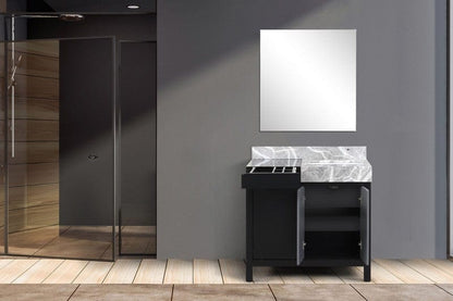 Zilara 36" Black and Grey Vanity, Castle Grey Marble Top, 30" Frameless Mirror | LZ342236SLISM30