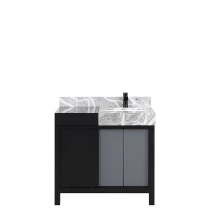 Zilara Transitional Black and Grey 36" Vanity, Cascata Nera Matte Black Faucet Set | LZ342236SLISFCM