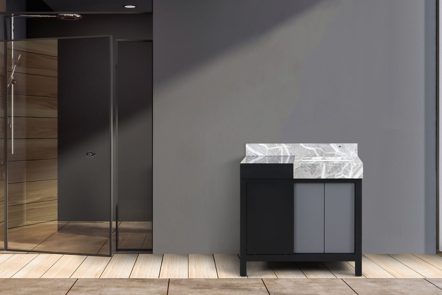 Zilara Transitional Black and Grey 36" Vanity, Castle Grey Marble Top, and White Square Sink