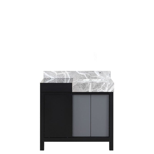 Zilara Transitional Black and Grey 36 Vanity, Castle Grey Marble Top, and White Square Sink