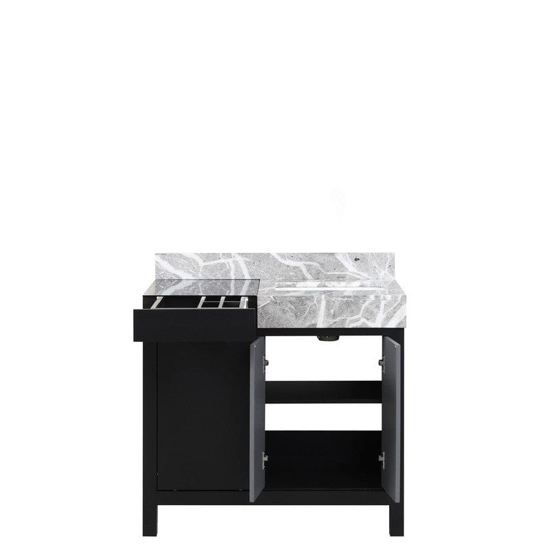 Zilara Transitional Black and Grey 36" Vanity, Castle Grey Marble Top, and White Square Sink