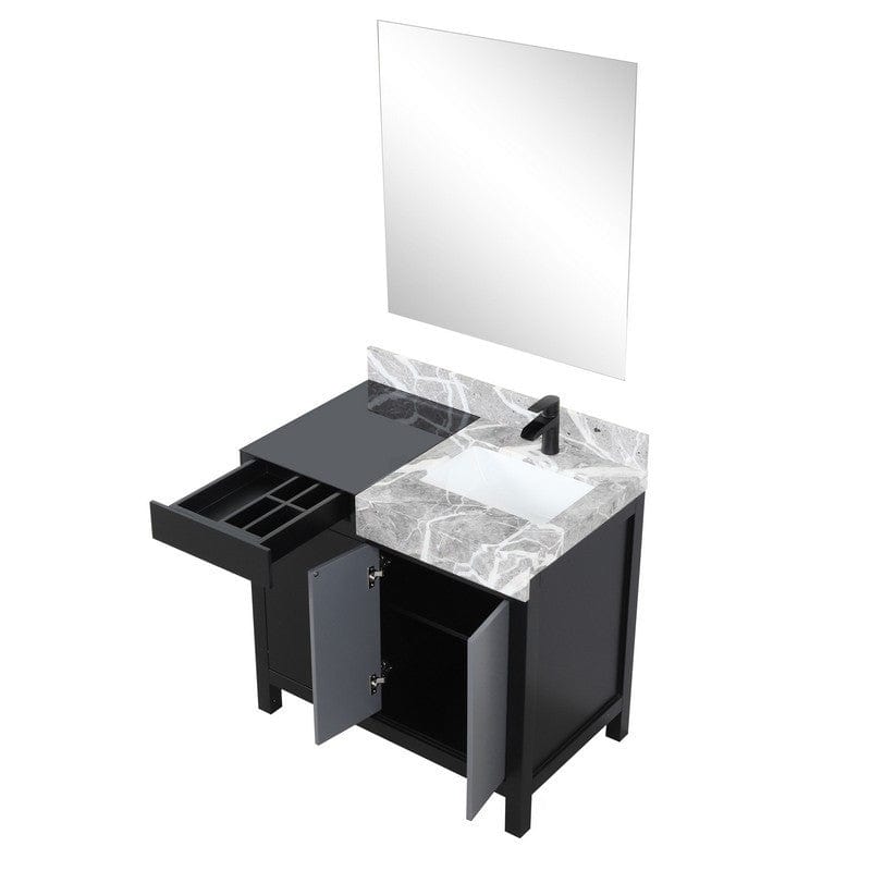 Zilara Transitional Black and Grey 36" Vanity Set, Cascata Nera Matte Black Faucet Set | LZ342236SLISM30FCM