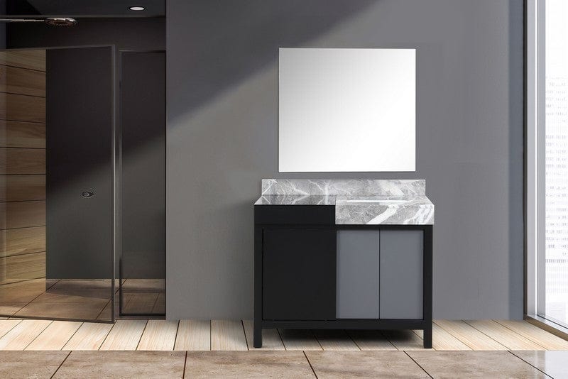 Zilara Transitional Black and Grey 42" Vanity, Castle Grey Marble Top, 34" Frameless Mirror | LZ342242SLISM34