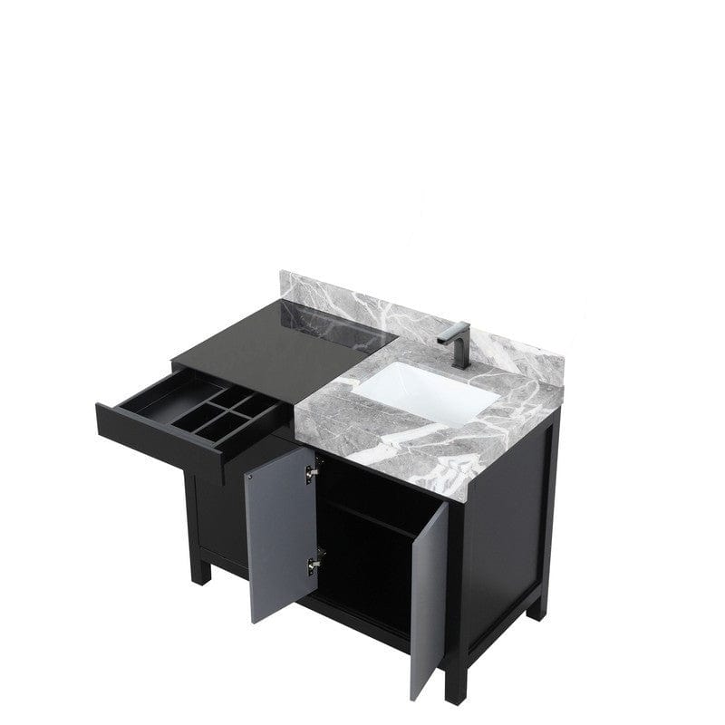 Zilara Transitional Black and Grey 42" Vanity, Castle Grey Marble Top, and Balzani Gun Metal Faucet | LZ342242SLISFBG