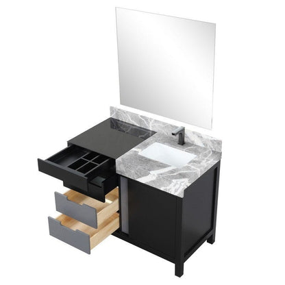 Zilara Transitional Black and Grey 42" Vanity Set, Balzani Gun Metal Faucet Set, and 34" Frameless Mirror | LZ342242SLISM34FBG