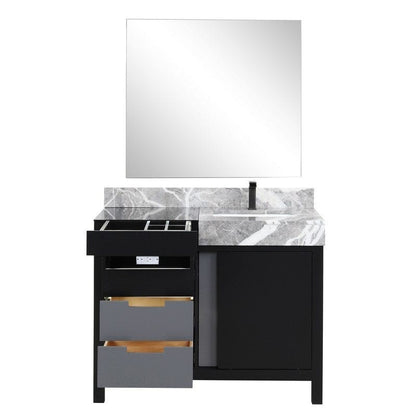 Zilara Transitional Black and Grey 42" Vanity Set, Balzani Gun Metal Faucet Set, and 34" Frameless Mirror | LZ342242SLISM34FBG