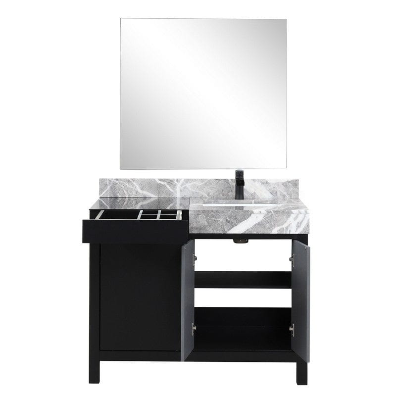 Zilara Transitional Black and Grey 42" Vanity Set, Cascata Nera Matte Black Faucet Set, and 34" Frameless Mirror | LZ342242SLISM34FCM