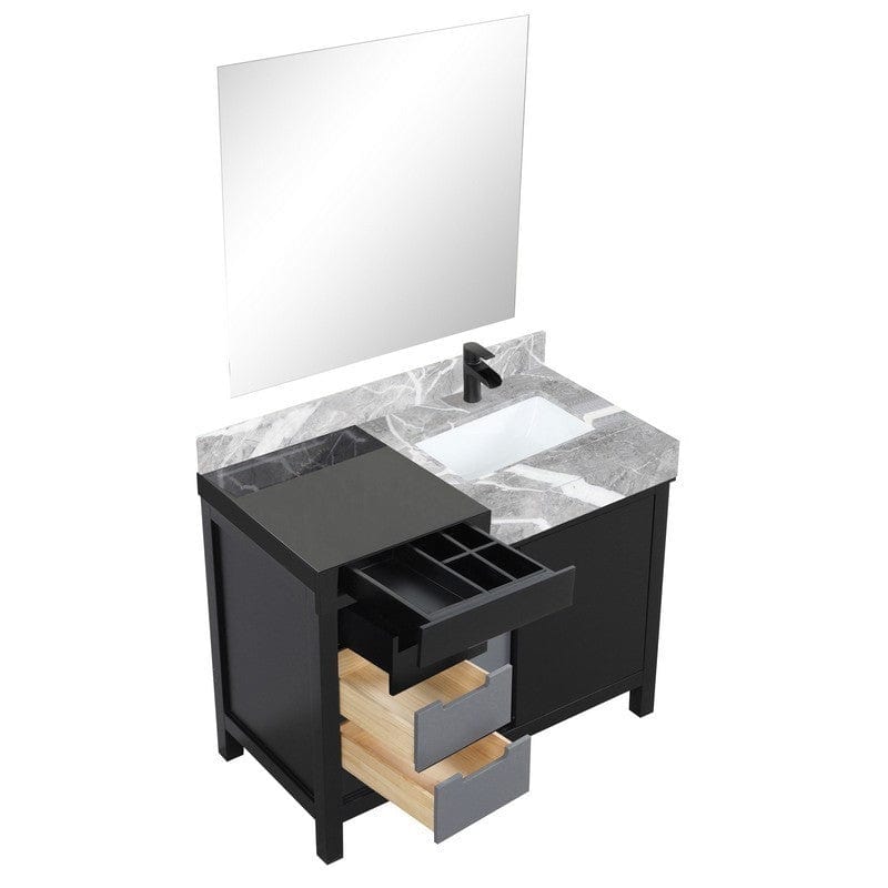 Zilara Transitional Black and Grey 42" Vanity Set, Cascata Nera Matte Black Faucet Set, and 34" Frameless Mirror | LZ342242SLISM34FCM