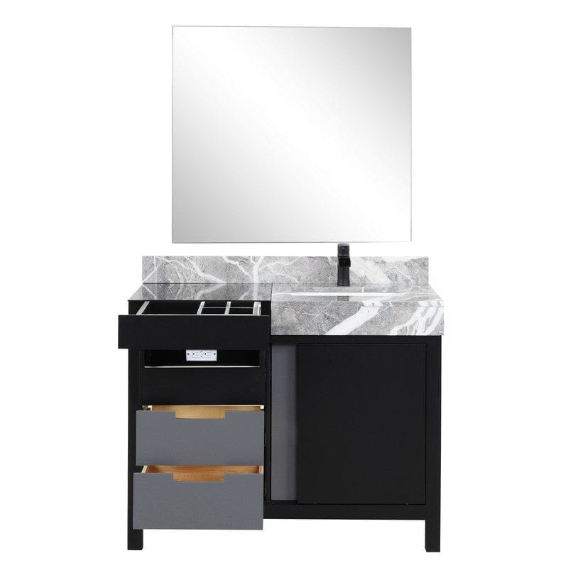 Zilara Transitional Black and Grey 42" Vanity Set, Cascata Nera Matte Black Faucet Set, and 34" Frameless Mirror | LZ342242SLISM34FCM