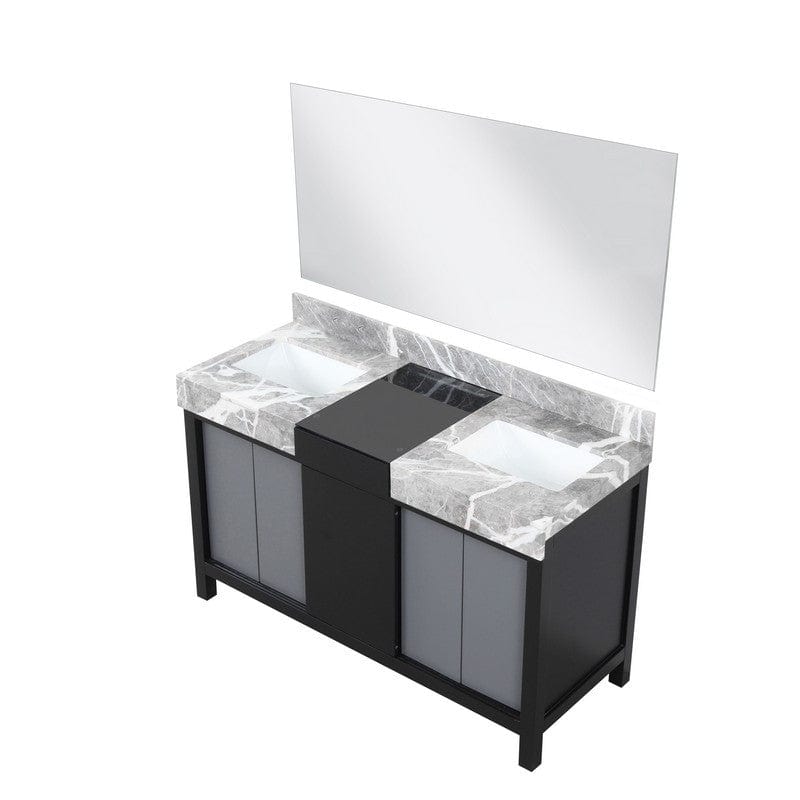 Zilara Transitional Black and Grey 55" Double Vanity, Castle Grey Marble Tops, 53" Frameless Mirror | LZ342255SLISM53