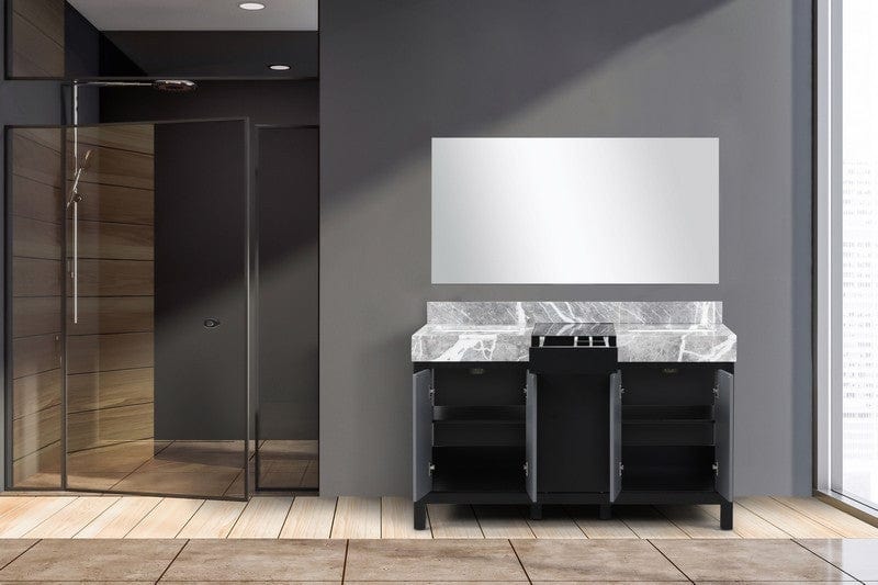 Zilara Transitional Black and Grey 55" Double Vanity, Castle Grey Marble Tops, 53" Frameless Mirror | LZ342255SLISM53