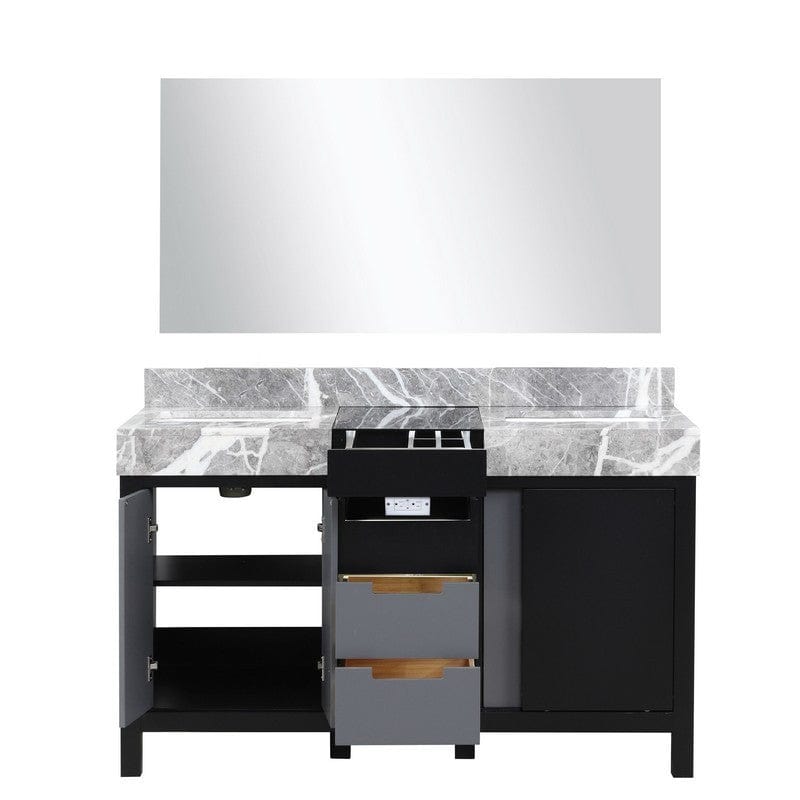 Zilara Transitional Black and Grey 55" Double Vanity, Castle Grey Marble Tops, 53" Frameless Mirror | LZ342255SLISM53