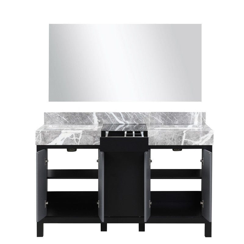 Zilara Transitional Black and Grey 55" Double Vanity, Castle Grey Marble Tops, 53" Frameless Mirror | LZ342255SLISM53