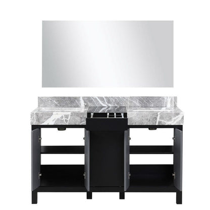 Zilara Transitional Black and Grey 55" Double Vanity, Castle Grey Marble Tops, 53" Frameless Mirror | LZ342255SLISM53