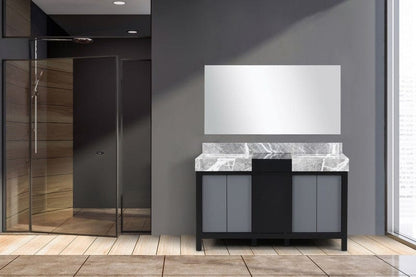 Zilara Transitional Black and Grey 55" Double Vanity, Castle Grey Marble Tops, 53" Frameless Mirror | LZ342255SLISM53