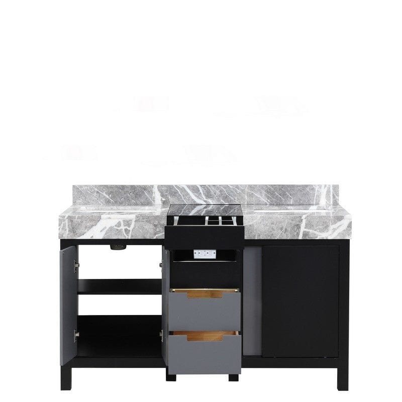 Zilara Transitional Black and Grey 55" Double Vanity, Castle Grey Marble Tops, and White Square Sinks | LZ342255SLIS000